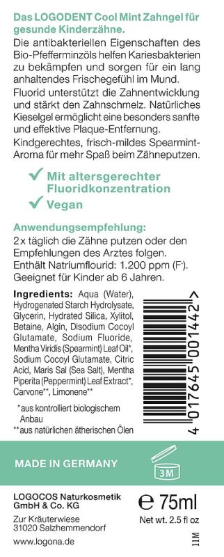 LOGODENT VEGAN Зубний гель для дітей 6-12 років Прохолодна М'ята з фтором