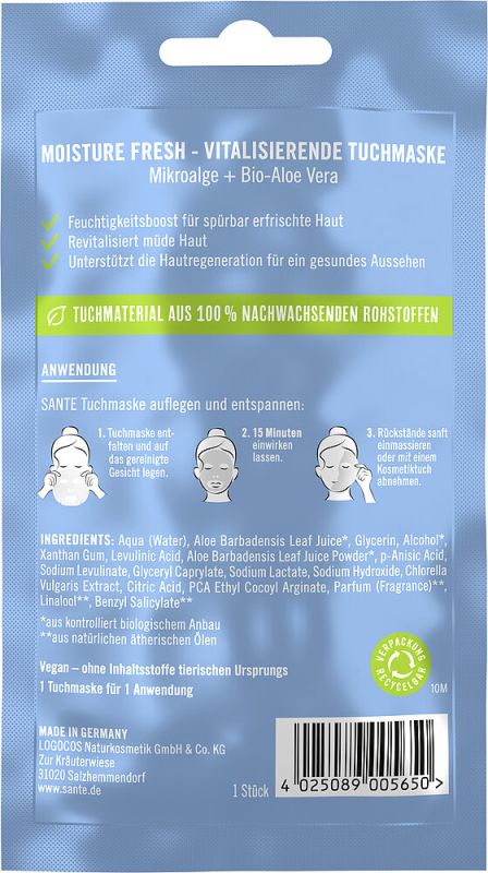 Sante БІО-Маска тканинна MOISTURE FRESH для зволоження обличчя з Мікроводоростями та Алое