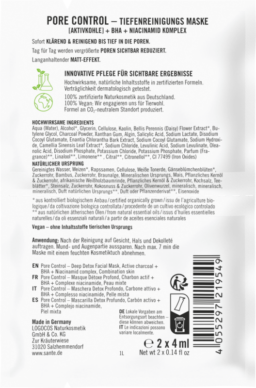 Sante БІО-Маска PORE CONTROL для глибокого очищення обличчя з Активованим вугіллям та BHA-кислотою
