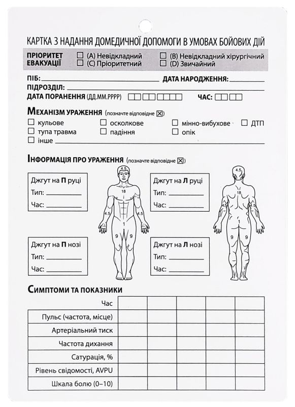 Картка пораненого (А6 формат), пластик