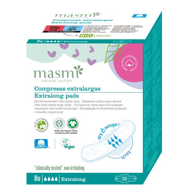 Masmi Органічні ультратонкі гігієнічні прокладки Extra Long для рясних виділень, з крильцями