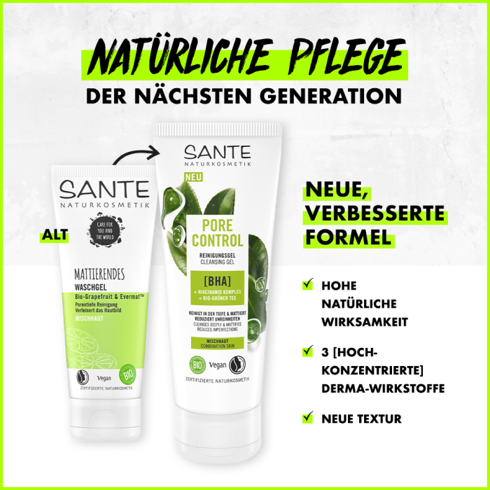 Sante БІО-Гель PORE CONTROL для вмивання комбінованої шкіри обличчя з BHA-кислотою, ніацинамідним комплексом та зеленим чаєм
