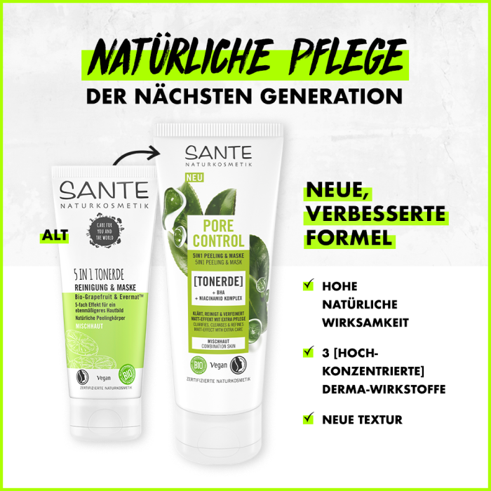 Sante БІО-Засіб PORE CONTROL для очищення комбінованої шкіри обличчя 5в1 з BHA-кислотою та ніацинамідним комплексом
