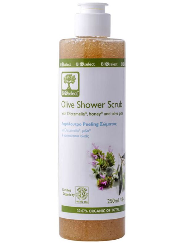 BIOselect Organic Оливковий гель-скраб для душу з медом та оливковими кісточками